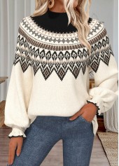 Fair Isle Print Tummy Coverage Beige Long Sleeve Sweater