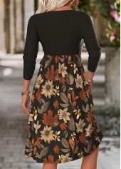 Floral Print Tummy Coverage Black Long Sleeve Dress