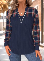 Plaid Tummy Coverage Navy Long Sleeve Split Neck Sweatshirt