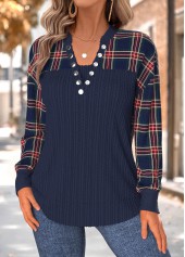Plaid Tummy Coverage Navy Long Sleeve Split Neck Sweatshirt
