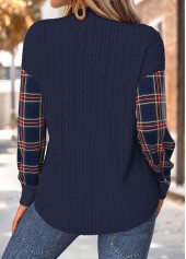 Plaid Tummy Coverage Navy Long Sleeve Split Neck Sweatshirt
