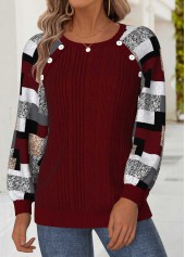 Geometric Print Tummy Coverage Deep Red Long Sleeve Sweatshirt