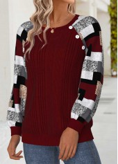 Geometric Print Tummy Coverage Deep Red Long Sleeve Sweatshirt