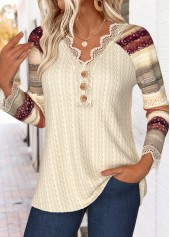 Striped Tummy Coverage Beige 3/4 Sleeve T Shirt