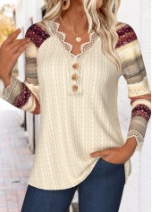 Striped Tummy Coverage Beige 3/4 Sleeve T Shirt