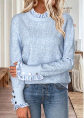 Striped Curved Hem Light Blue Long Sleeve Sweatshirt