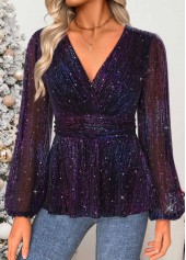 Tummy Coverage Multi Color Long Sleeve V Neck Blouse