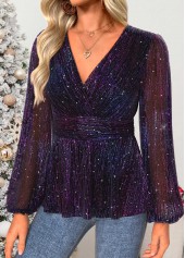 Tummy Coverage Multi Color Long Sleeve V Neck Blouse