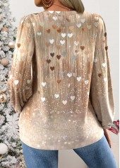 Heart Print Curved Hem Skin Color Long Sleeve Blouse