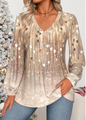 Heart Print Curved Hem Skin Color Long Sleeve Blouse