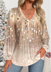 Heart Print Curved Hem Skin Color Long Sleeve Blouse