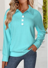Tummy Coverage Cyan Long Sleeve Turn Down Collar Sweatshirt