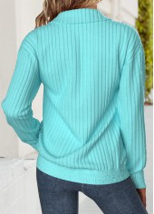 Tummy Coverage Cyan Long Sleeve Turn Down Collar Sweatshirt