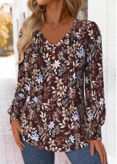 Random Floral Print Tuck Stitch Dark Coffee T Shirt