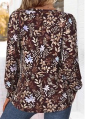 Random Floral Print Tuck Stitch Dark Coffee T Shirt
