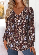 Random Floral Print Tuck Stitch Dark Coffee T Shirt