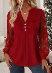 Tummy Coverage Wine Red Long Sleeve Split Neck Blouse