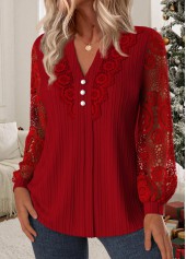 Tummy Coverage Wine Red Long Sleeve Split Neck Blouse