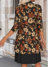 Leaf Print Tummy Coverage Black Dress and Cardigan