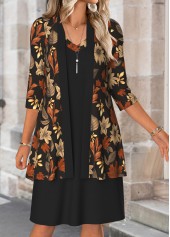 Leaf Print Tummy Coverage Black Dress and Cardigan