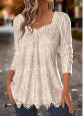 Tummy Coverage Beige Long Sleeve Square Neck T Shirt