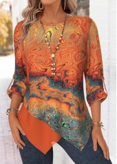 Ink Painting Print Tummy Coverage Orange Long Sleeve Blouse