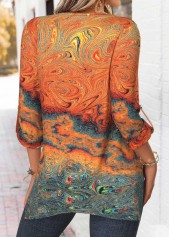 Ink Painting Print Tummy Coverage Orange Long Sleeve Blouse