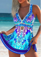 High Waisted Tribal Print Purplish Blue Tankini Set