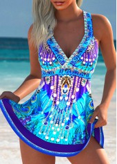 High Waisted Tribal Print Purplish Blue Tankini Set