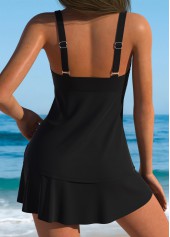 Mid Waisted Striped Tummy Coverage Black Tankini Set