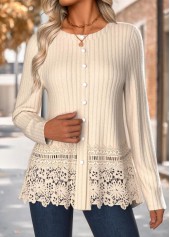 Tummy Coverage Beige Long Sleeve Round Neck T Shirt