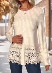 Tummy Coverage Beige Long Sleeve Round Neck T Shirt