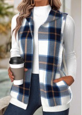 Plaid Tummy Coverage Navy Sleeveless Turn Down Collar Waistcoat