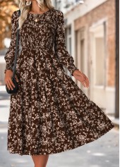 Ditsy Floral Print Tummy Coverage Dark Coffee Dress