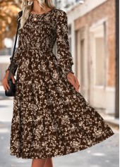 Ditsy Floral Print Tummy Coverage Dark Coffee Dress