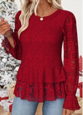 Patchwork Red Long Sleeve Round Neck Blouse