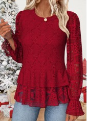 Patchwork Red Long Sleeve Round Neck Blouse