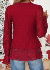 Patchwork Red Long Sleeve Round Neck Blouse