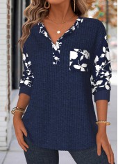 Floral Print Tummy Coverage Navy Long Sleeve Sweatshirt