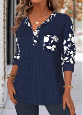Floral Print Tummy Coverage Navy Long Sleeve Sweatshirt
