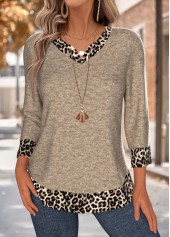 Leopard Tummy Coverage Dark Camel 3/4 Sleeve T Shirt