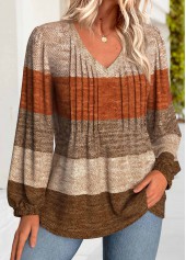 Striped Tummy Coverage Dark Coffee Long Sleeve Blouse