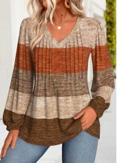 Striped Tummy Coverage Dark Coffee Long Sleeve Blouse