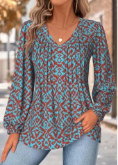 Tribal Print Tummy Coverage Neon Blue Long Sleeve Blouse