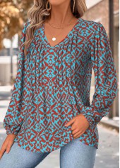 Tribal Print Tummy Coverage Neon Blue Long Sleeve Blouse