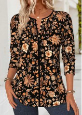 Tribal Print Tummy Coverage Black Long Sleeve Blouse