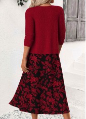 Floral Print Tummy Coverage Wine Red Bracelet Sleeve Dress