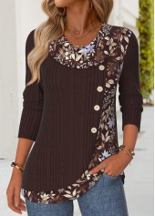 Floral Print Patchwork Dark Coffee Long Sleeve T Shirt
