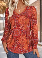 Tribal Print Tuck Stitch Wine Red T Shirt