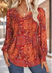 Tribal Print Tuck Stitch Wine Red T Shirt